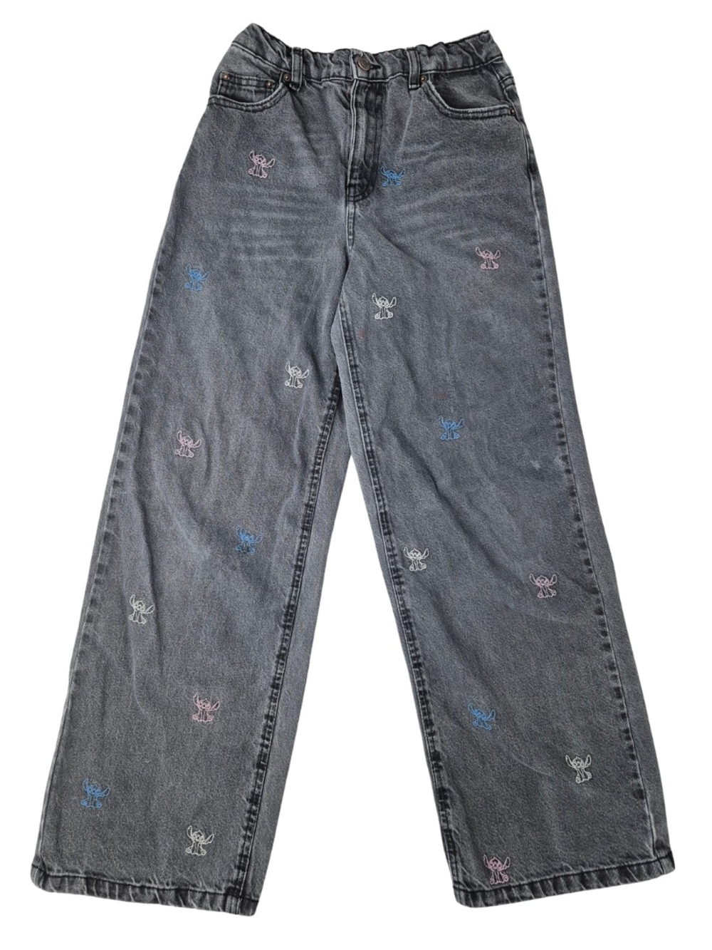 Zara Kids Disney Stitch All Over Embroidered Wide Leg Denim Pants Grey 13-14 Y